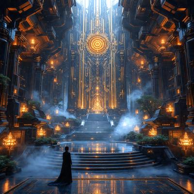 The primary subject of the image is a person, likely a woman, standing in a large, ornate room with a staircase. The room features a grand staircase and a large, circular window. The setting appears to be a palace or a similar grand building. The visual style of the image is a combination of photo and digital art, creating a realistic yet artistic atmosphere. The colors and mood of the image are predominantly dark, with the light coming from the circular window, creating a dramatic and moody